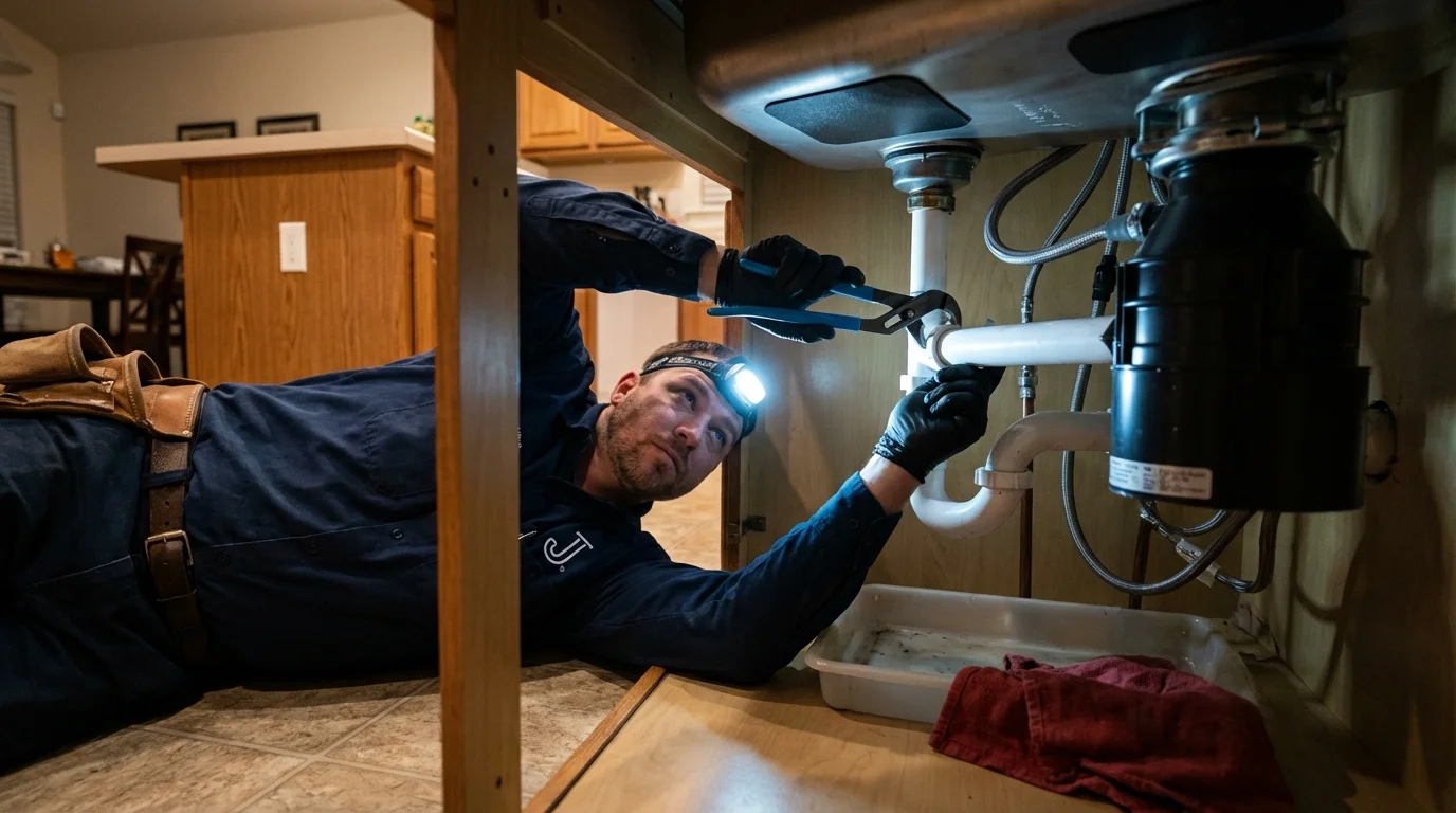 P-trap and supply line connections under a kitchen sink showing a common leak point in San Antonio, FL